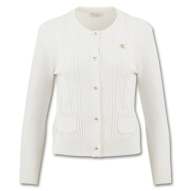 Fairliar Cable Pocket Round Neck Golf Cardigan White – FW23 Women