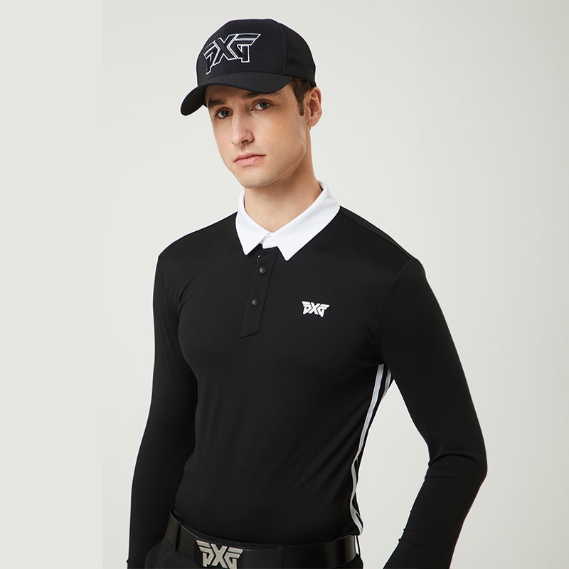 PXG KOREA MEN SUMMER COLOR BLOCKED COLLAR LONG SLEEVE T-SHIRT