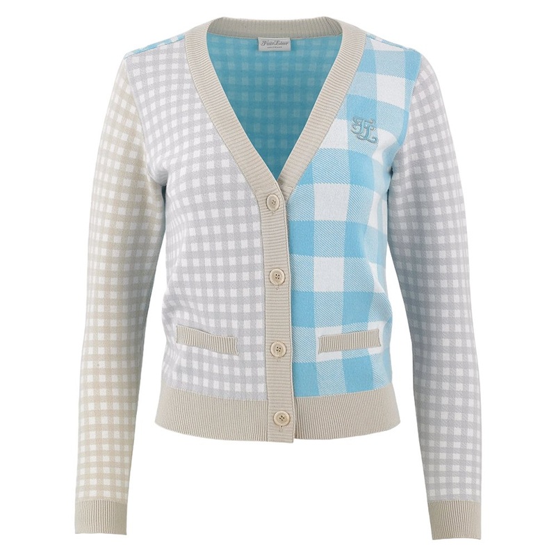 Fairliar FL Gingham Checkered Golf Cardigan Turquoise – FW24 Women