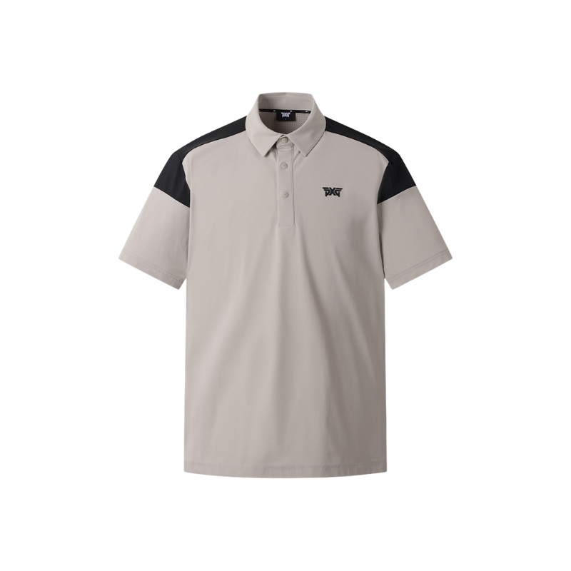 PXG KOREA MEN SUMMER COLOR BLOCKED PERFORATED COLLAR SHORT-SLEEVE