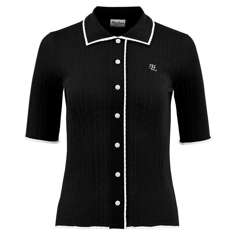 Fairliar Scallop Collar Cropped Sleeve Knit Golf Polo Black – SS24 Women