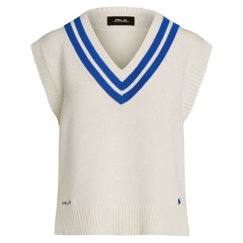 Ralph Lauren Cotton V-Neck Sweater Golf Vest Ceramic White/Iris Blue – FW24 Women