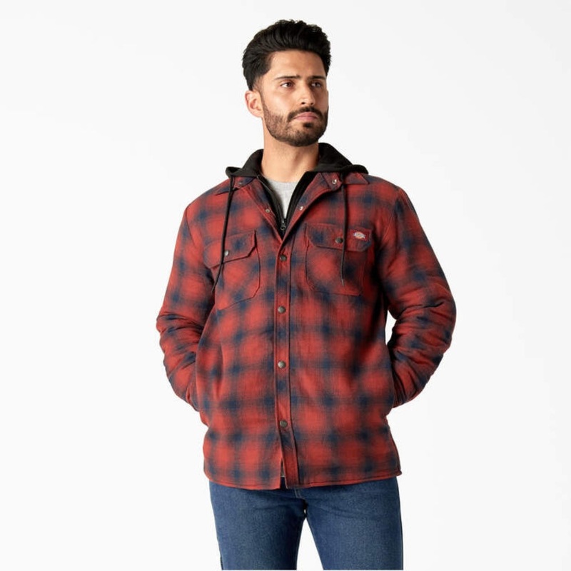 Dickies Men’s Flannel Hooded Shirt Jacket Dark Navy Brick Ombre XL