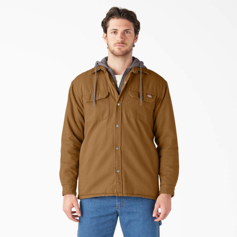 Dickies Men’s Water Repellent Duck Hooded Shirt Jacket Brown Duck 3XL