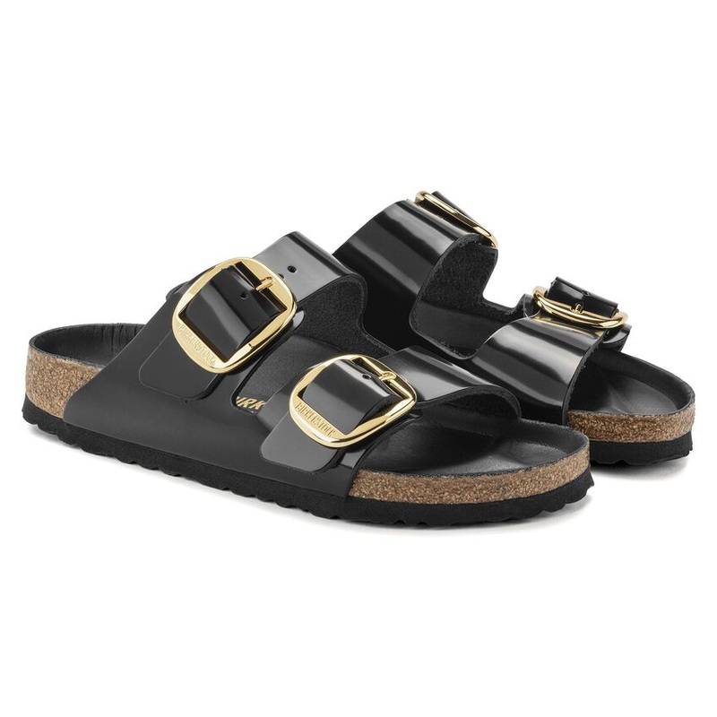 Birkenstock Arizona Big Buckle Natural Leather Patent Sandal High Shine Black Narrow 5-5.5 Women