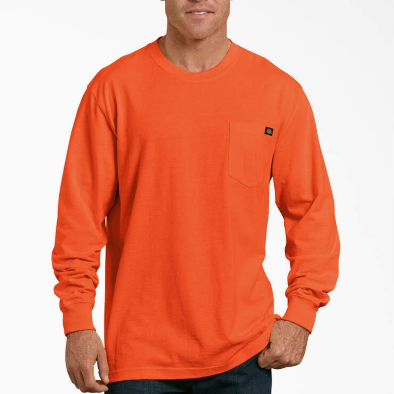 Dickies Men’s Heavyweight Neon Long Sleeve Pocket Tee Relaxed T-Shirt Bright Orange XXL