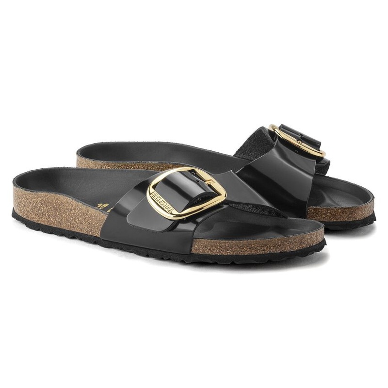 Birkenstock Madrid Big Buckle Natural Leather Patent Sandal High Shine Black Narrow 10-10.5 Women/ 8-8.5 Men