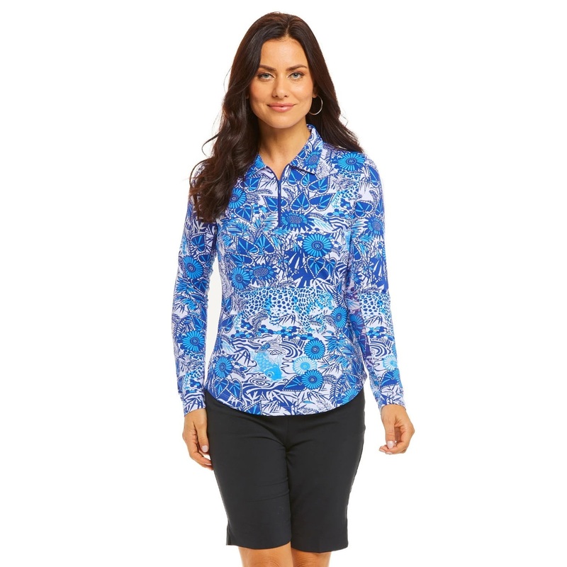 IBKUL Women’s Bamboo Garden Print Long Sleeve Polo – 41749 Blue Tonal XS