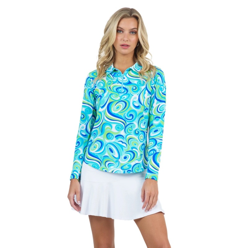 Ibkul Womens Emma Print Long Sleeve Polo – 41971 Emma Turquoise XS