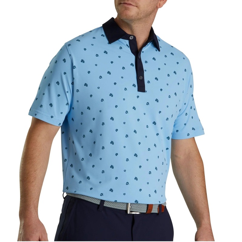 FootJoy Scattered Floral Stretch Pique Self Collar Golf Polo True Blue/Navy L