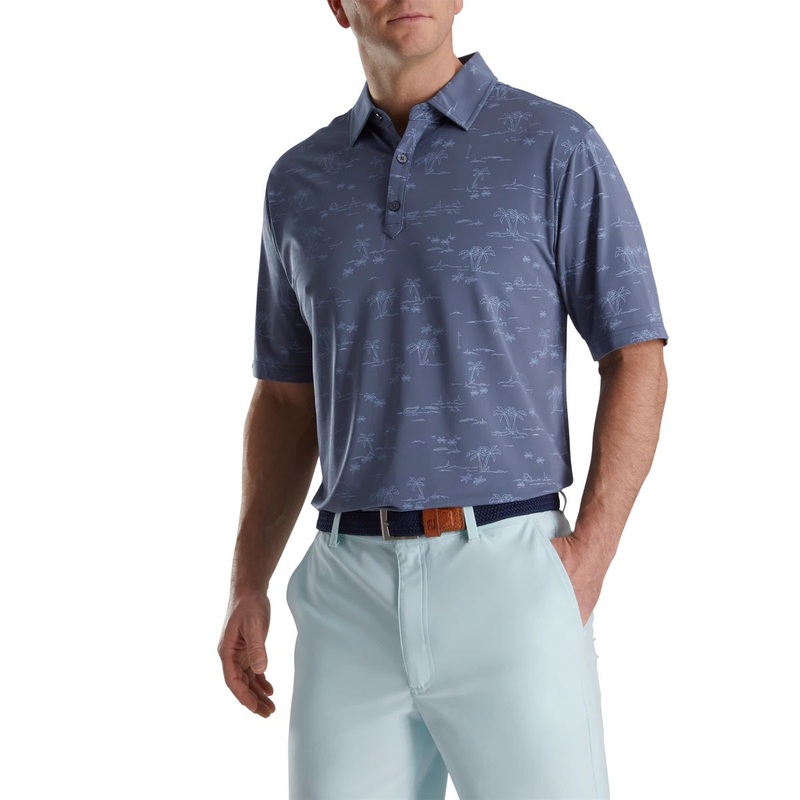 FootJoy Tropic Golf Print Lisle Self Collar Polo (Previous Season Style) Bluestone/Denim S