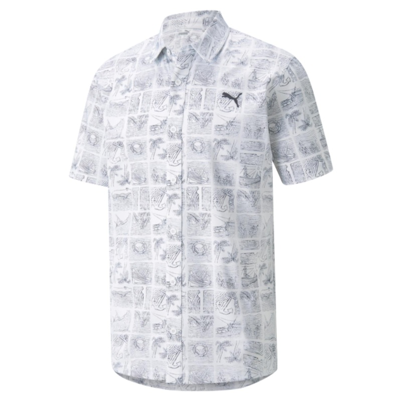 Puma Men’s MATTR Shipwrecked Button Down Golf Polo Bright White/Navy Blazer S