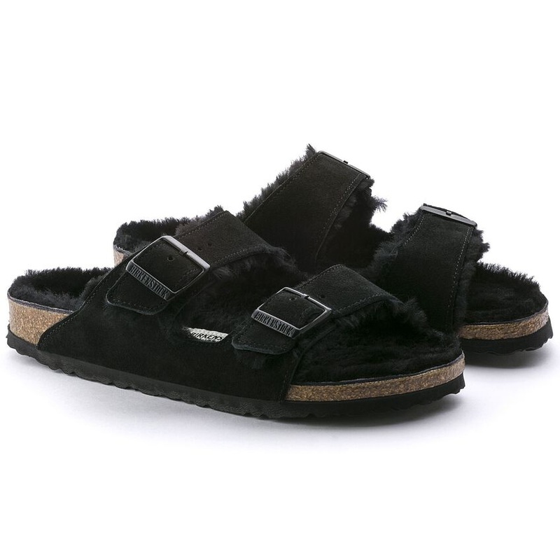 Birkenstock Arizona Shearling Suede Leather Sandal Black Narrow 4-4.5 Women
