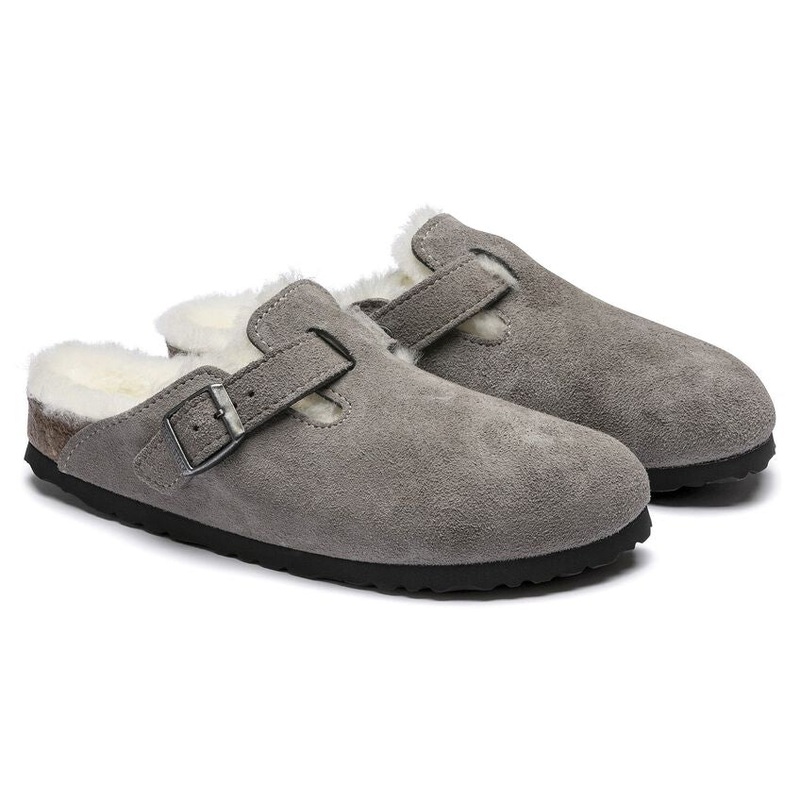 Birkenstock Boston Shearling Suede Leather Sandal Stone Coin Narrow 5-5.5 Women