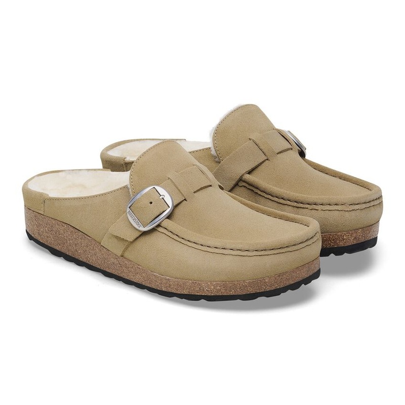 Birkenstock Buckley Shearling Suede Leather Sandal Taupe Narrow 7-7.5 Women